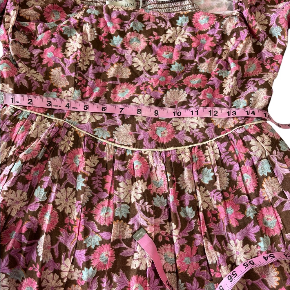 NWT Saltwater LUXE Floral Boho Mini Dress Size L Smocked Back Pockets Lined - Picture 9 of 15